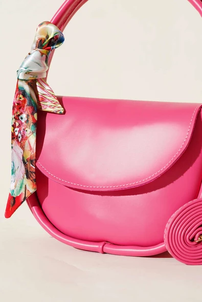 Fularlı Oval Kesim Çanta Pembe - Resim 3