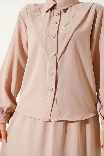 V Dikişli Etekli İkili Takım Latte - Resim 4