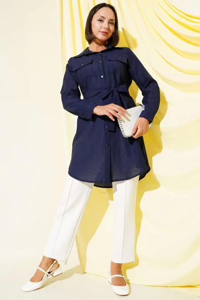 Çift Cepli Belden Bağlamalı Tunik Lacivert - Resim 2