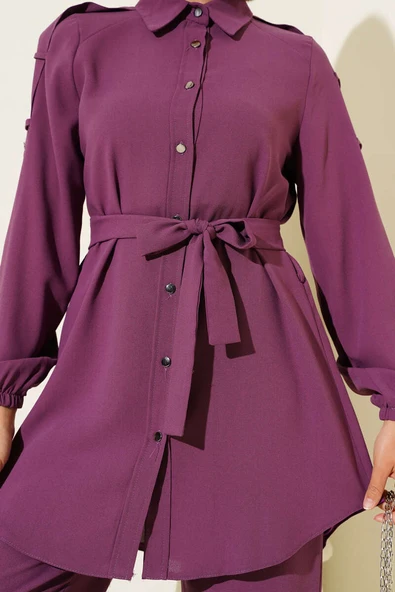 Belden Bağlamalı Omuz Düğmeli İkili Takım Magenta - Resim 4