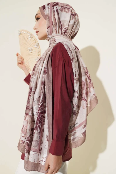 Şerit Geçişli Otantik Desenli Şal Açık Kahve - Resim 3