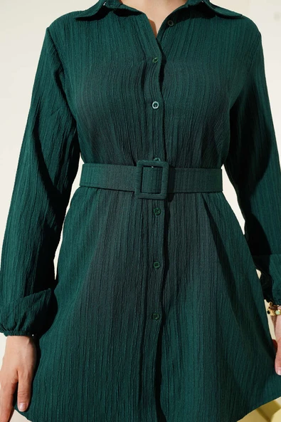 Kemerli Krinkıl Gömlek Zümrüt - Resim 4