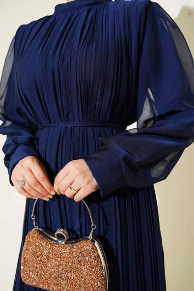 Janjan Piliseli Elbise Lacivert - Resim 4