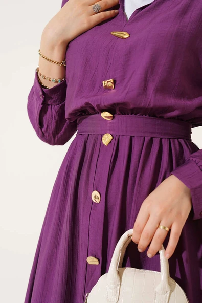 Oval Düğmeli Elbise Mor - Resim 4