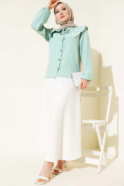 Güpürlü Denizci Yaka Kısa Gömlek Çağla Yeşili - Resim 2