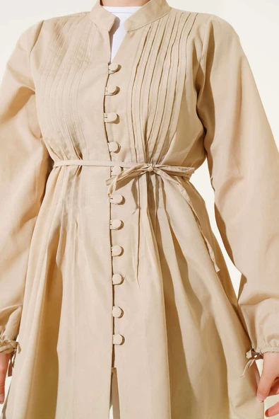 Brit Düğmeli Nervürlü Tunik Latte - Resim 4