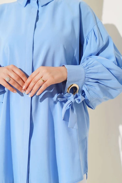 Kuş Gözü Detaylı Balon Kol Gömlek Mavi - Resim 4