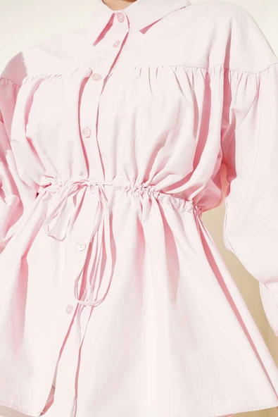 Bel Tünelli Büzgü Detaylı Gömlek Pembe - Resim 4
