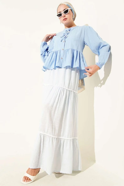 Kurdeleli Fırfır Detaylı Gömlek Mavi - Resim 2