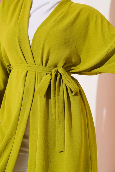 Bilek Bağlamalı Uzun Kimono Yağ Yeşili - Resim 4