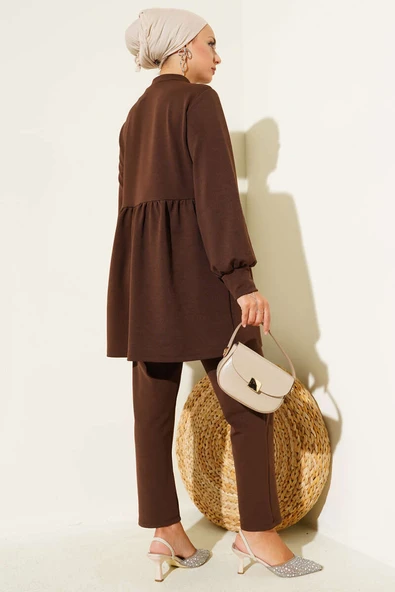 Taş Düğme Detaylı İkili Takım Kahve - Resim 3