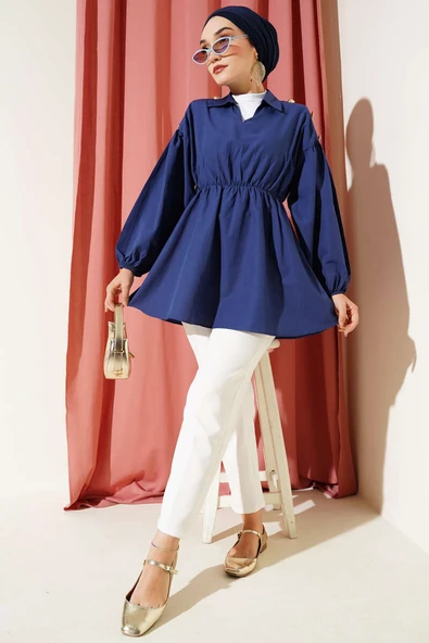 Omuz Gold Düğme Detaylı Tunik Lacivert - Resim 2