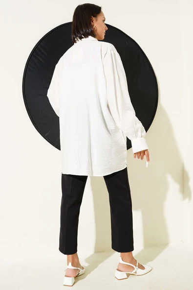 İp Bağcıklı Oversize Gömlek Beyaz - Resim 3