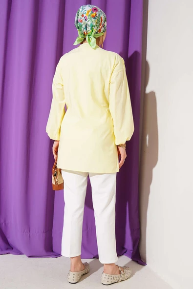 Büzgülü Önden Bağlamalı Kimono Sarı - 3