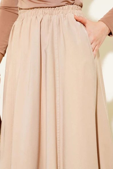 Kloş Bel Lastikli Cepli Tencel Etek Latte - Resim 4