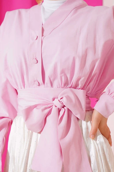 V Yaka Bağlamalı Kısa Gömlek Pembe - Resim 4