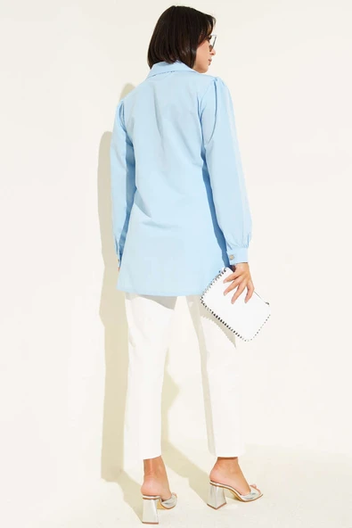 Düğmeli Yandan Bağlamalı Gömlek Mavi - Resim 3