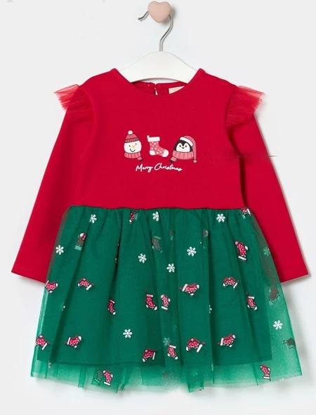 Kız Bebek Snowman And Penguın Desenli Tüllü Yılbaşı Elbisesi NBK-24915 - 9