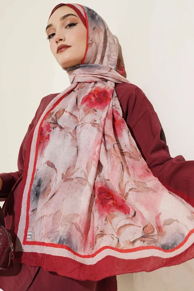 Flower Desen Bambu Kraş Şal Bordo ürün görseli 1