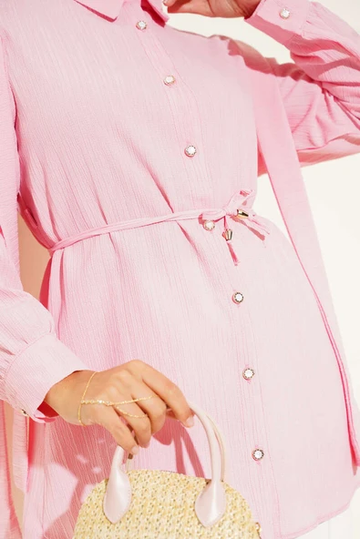 Taş Düğmeli Omuz Pileli Gömlek Pembe - Resim 4