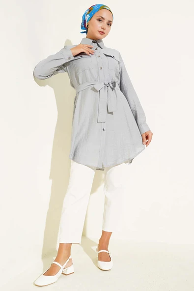 Çift Cepli Belden Bağlamalı Tunik Gri - Resim 2