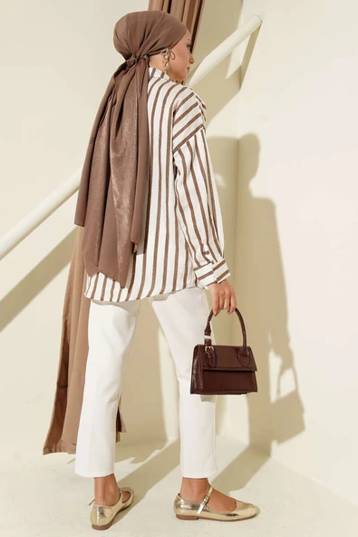 Kurdele Nakışlı Çizgili Gömlek Kahve - Resim 3