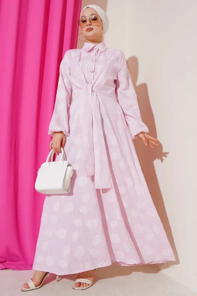 Benekli Yarım Düğmeli Elbise Pembe ürün görseli 1