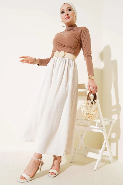 Kloş Fermuarlı Etek Bej - Resim 2