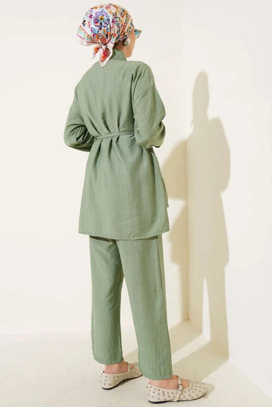 Eteği Fırfırlı İp Kuşaklı İkili Takım Çağla Yeşili - Resim 3