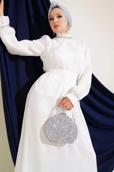 Kristal Taşlı Şifon Elbise Beyaz ürün görseli 1