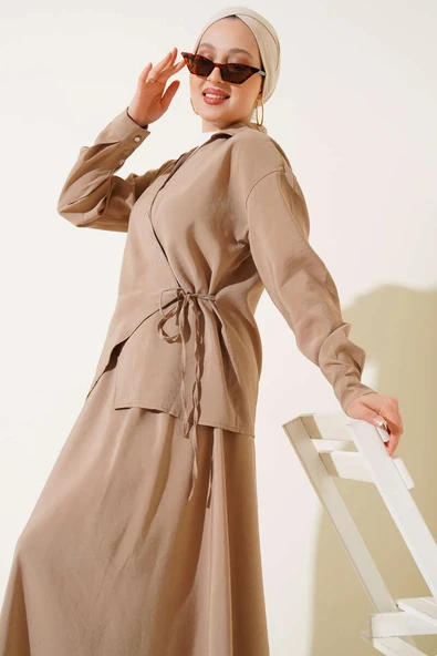 Yanı İp Bağlamalı Etekli İkili Takım Vizon - Resim 2