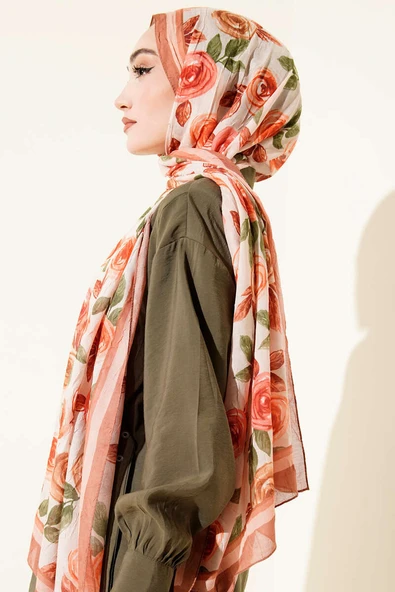 Floral Desenli Bambu Kraş Şal Taba - Resim 3