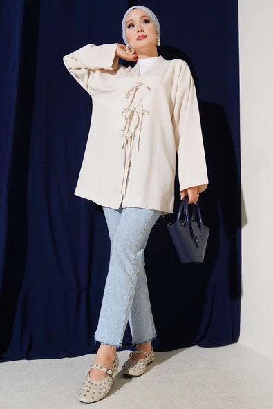 İnce Bağcıklı Önden Bağlamalı Kimono Bej - Resim 2