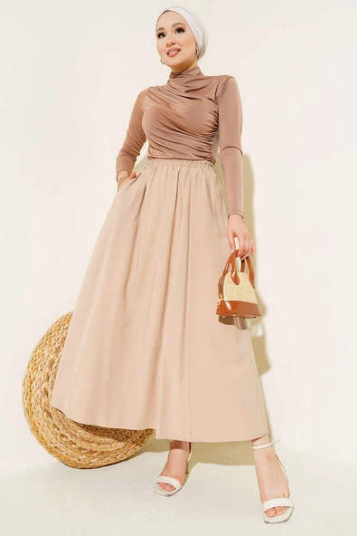 Kloş Bel Lastikli Cepli Tencel Etek Latte - Resim 2