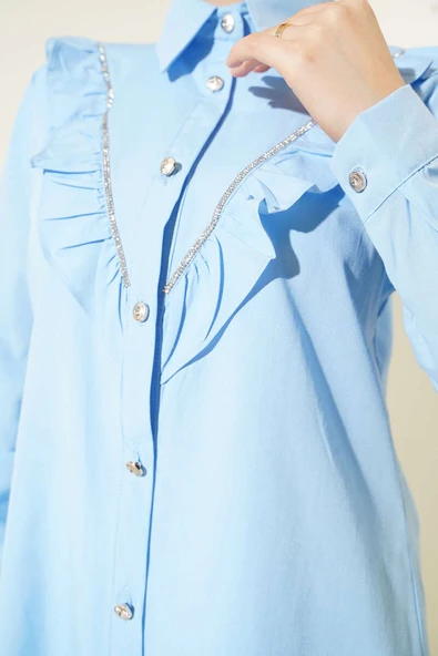 Önü Fırfır Taş Şerit Geçişli Düğmeli Gömlek Bebe Mavi - Resim 4