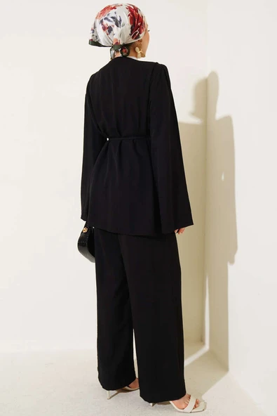 İp Kuşaklı Brit Düğmeli İkili Takım Siyah - Resim 3