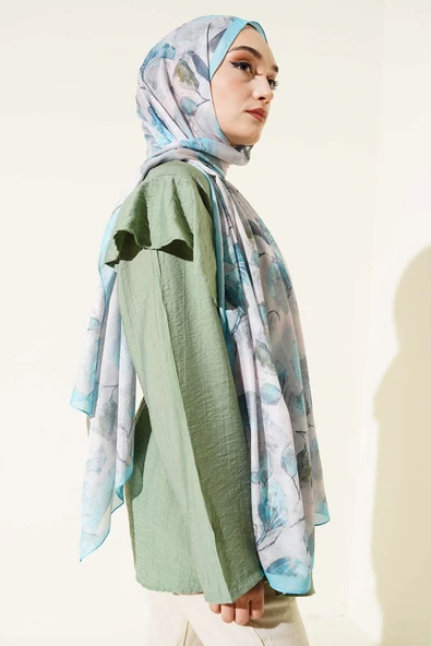Karışık Yaprak Desenli Şal Turkuaz - Resim 3