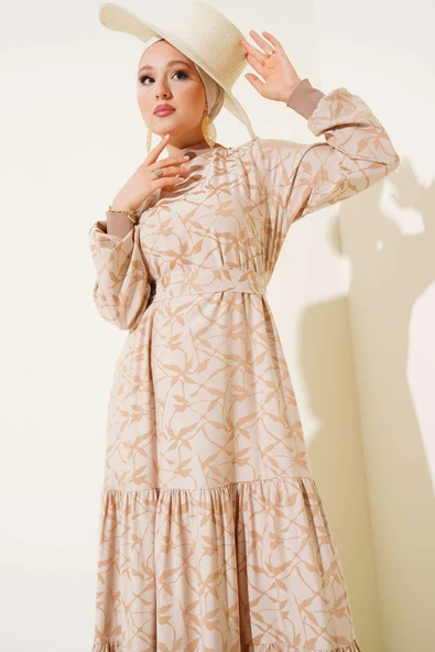 Etek Pileli Kol Pileli Desen Elbise Bej - 2