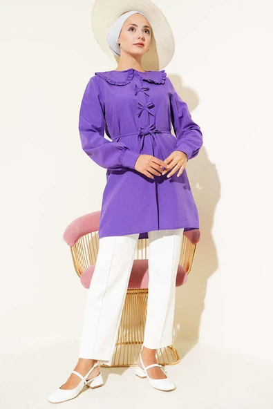 Yaka Fırfırlı Fiyonklu Tunik Mor - Resim 2