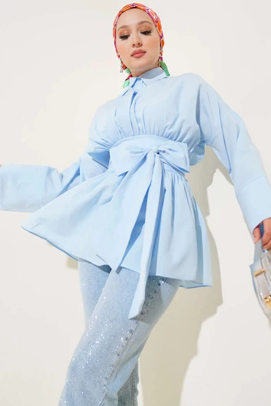 Kendinden Kuşaklı Önü Büzgülü Tunik Mavi ürün görseli 1
