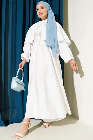 Kol Lastikli Pelerinli Elbise Beyaz ürün görseli 1