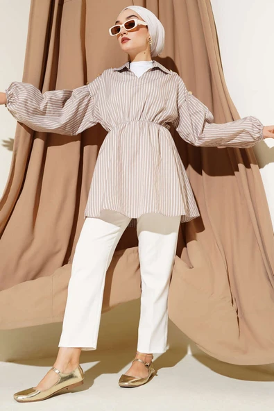 Çizgili Balon Kol Bel Lastikli Tunik Latte - Resim 2