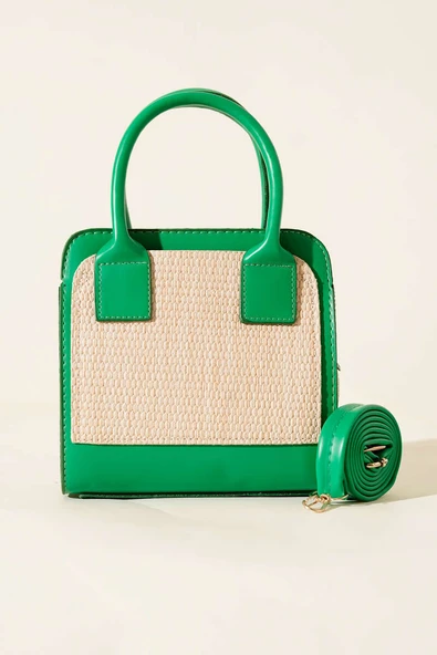 Hasır Detaylı Kare Çanta Yeşil - Resim 2