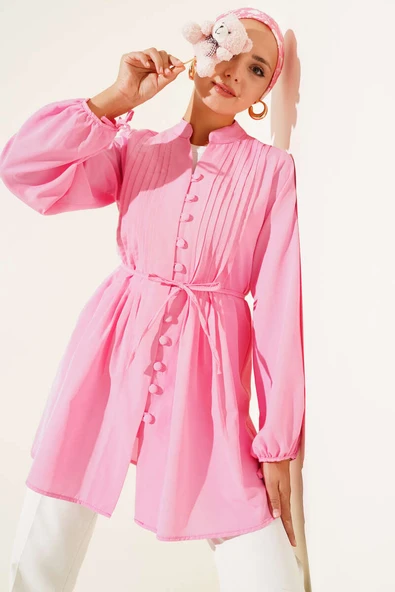 Brit Düğmeli Nervürlü Tunik Fusya ürün görseli