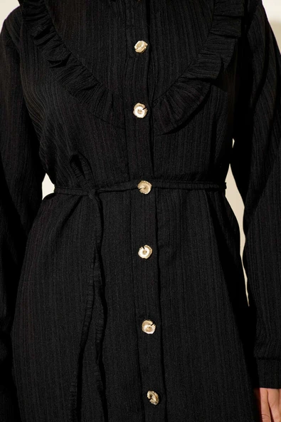 Gold Düğmeli V Fırfırlı İkili Takım Siyah - Resim 4