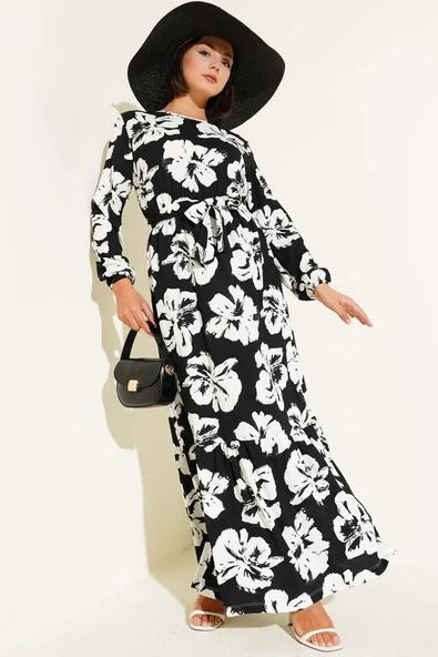 Bürümcük Çiçekli Kuşaklı Elbise Siyah ürün görseli 1