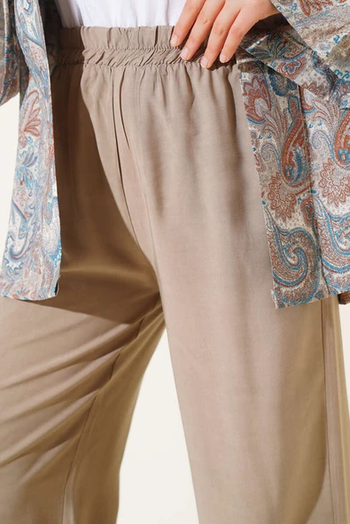 Beli Lastikli Tencel Pantolon Vizon - Resim 4