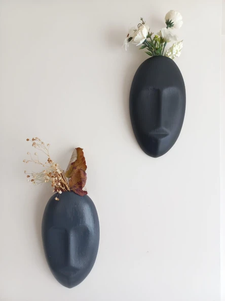 Dekoratif 2'li Yüz Duvar Vazosu, Duvar Süsü ,Heykel Aksesuar Siyah Antrasit Maske - Resim 3