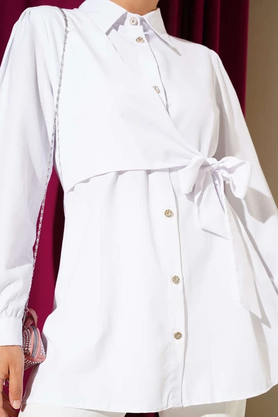 Düğmeli Yandan Bağlamalı Gömlek Beyaz - Resim 4