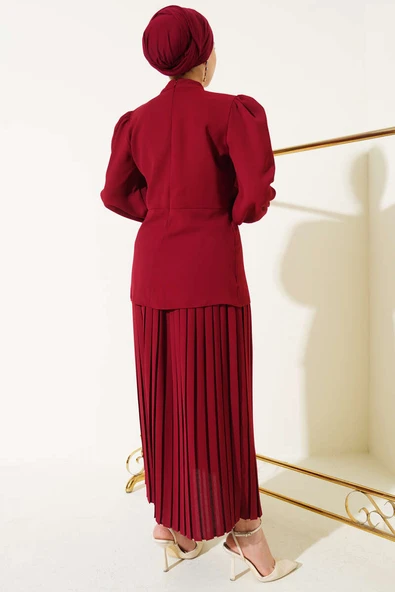 Yan Büzgülü Pileli Etekli İkili Takım Bordo - 3
